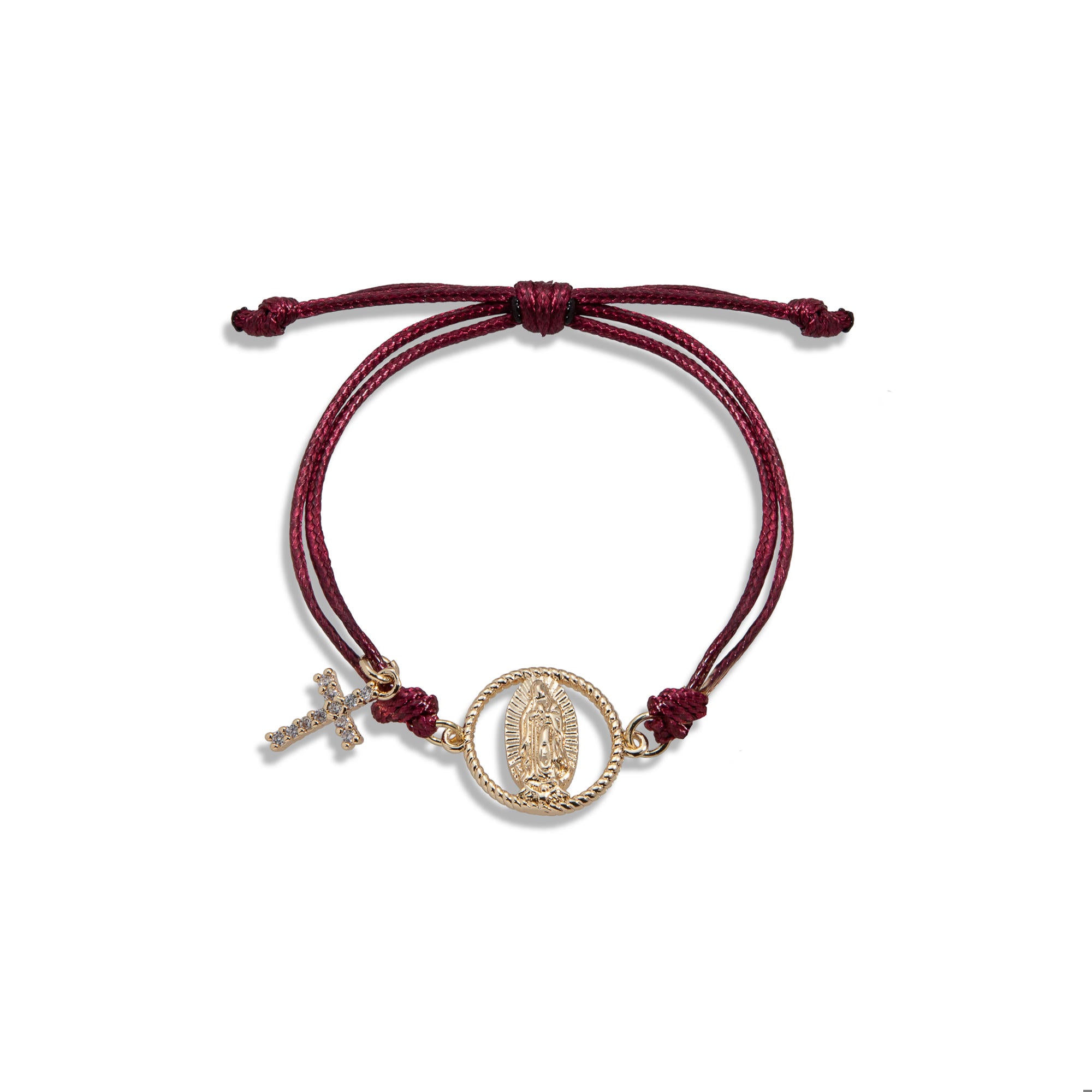 Pulsera de hilo encerado ajustable Virgen de Guadalupe y dije de Cruz con circonias 15mm