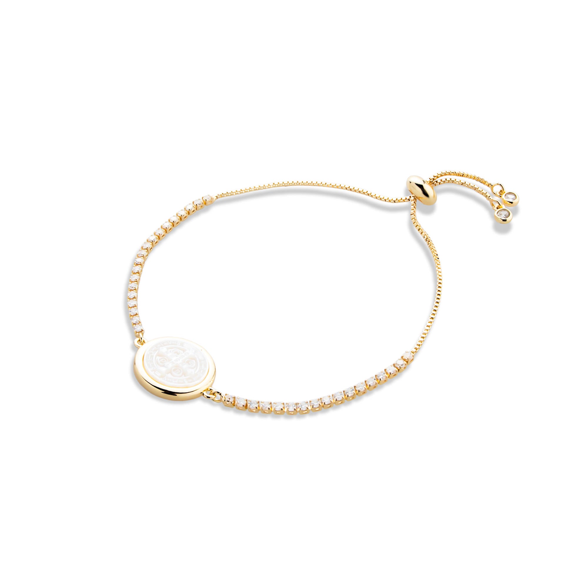 Pulsera de tenis ajustable circonias y San Benito con madre perla 17mm