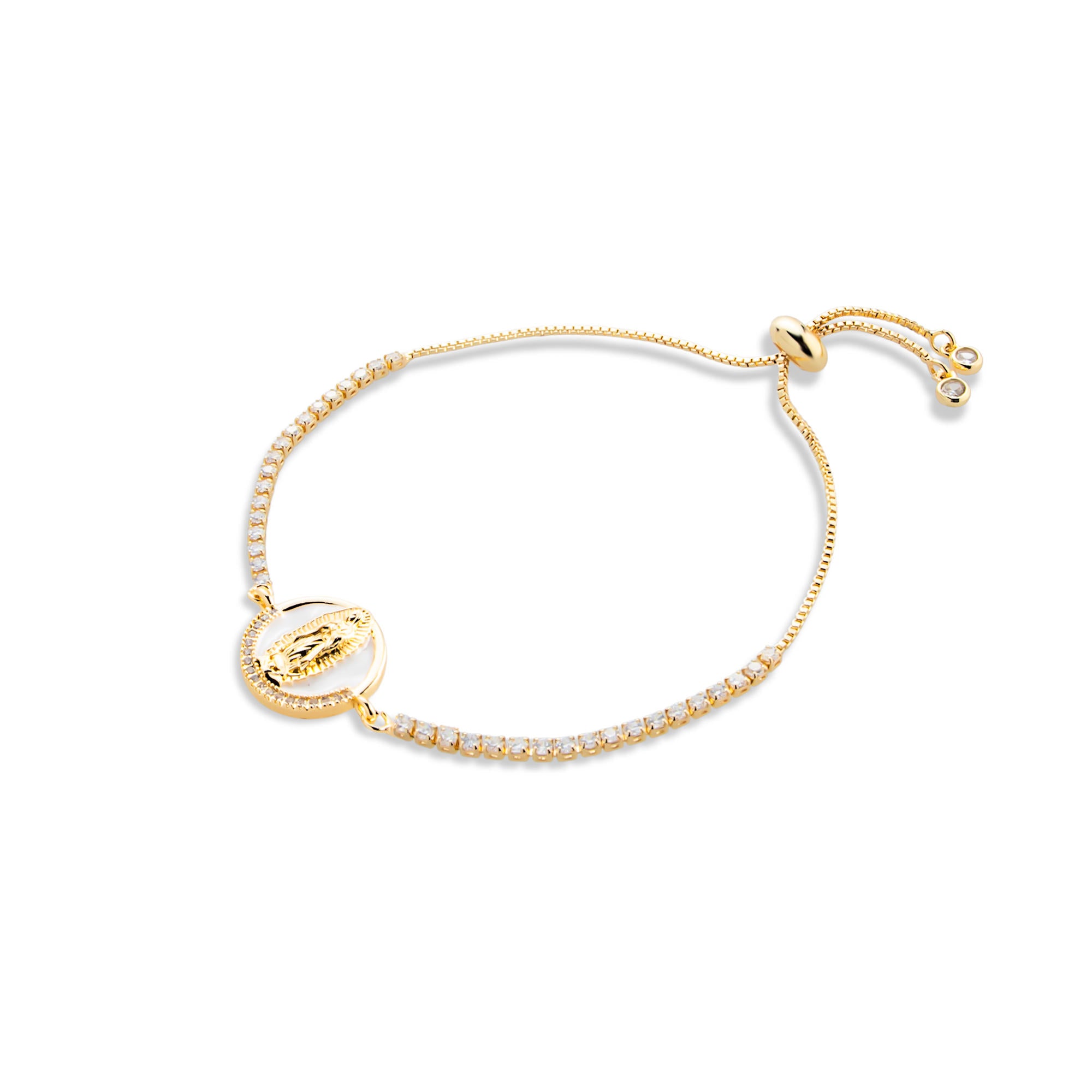 Pulsera de tenis ajustable circonias y Virgen de Guadalupe esmaltado 16mm