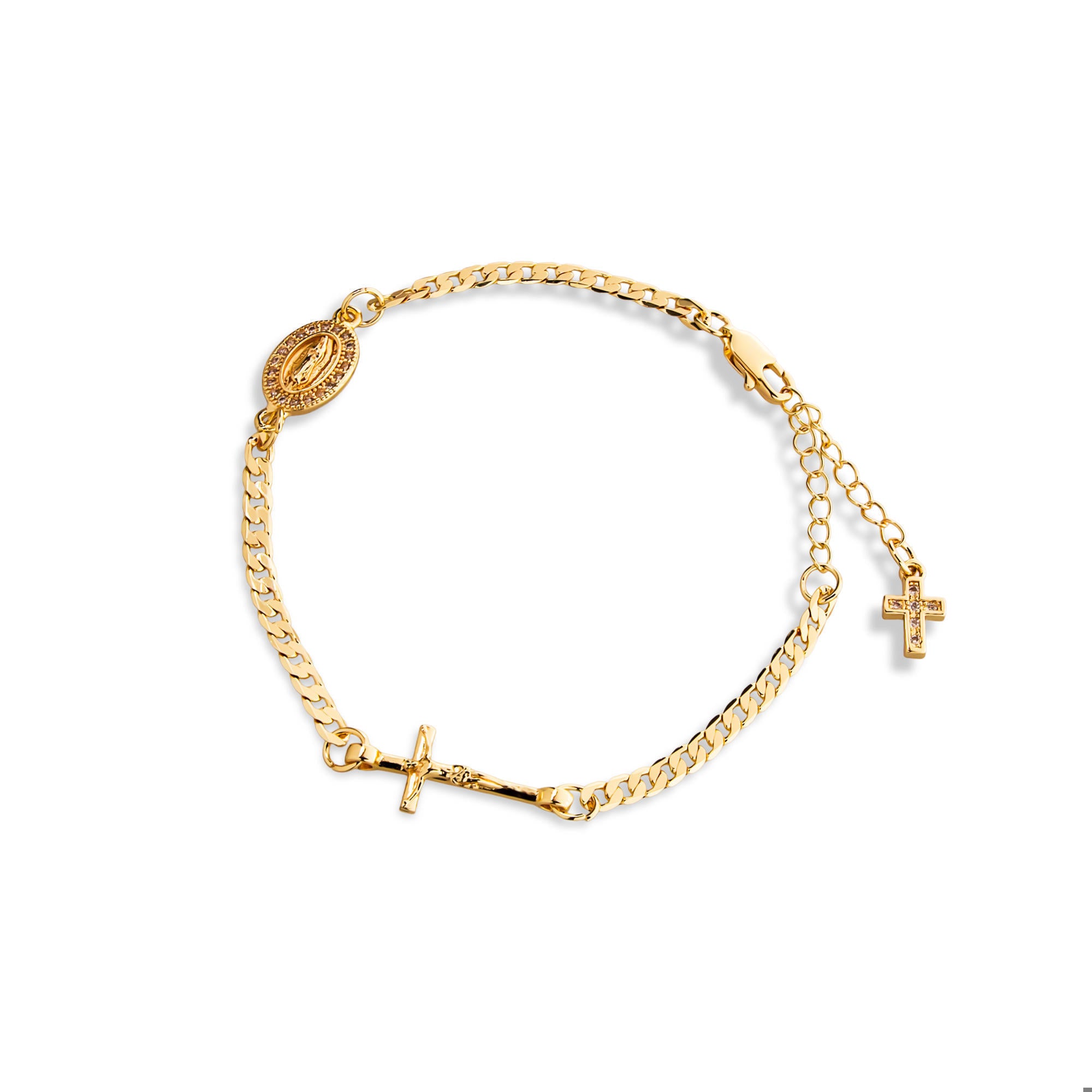 Pulsera barbada Virgen de Guadalupe circonias  y Crucifijo 18-24cm