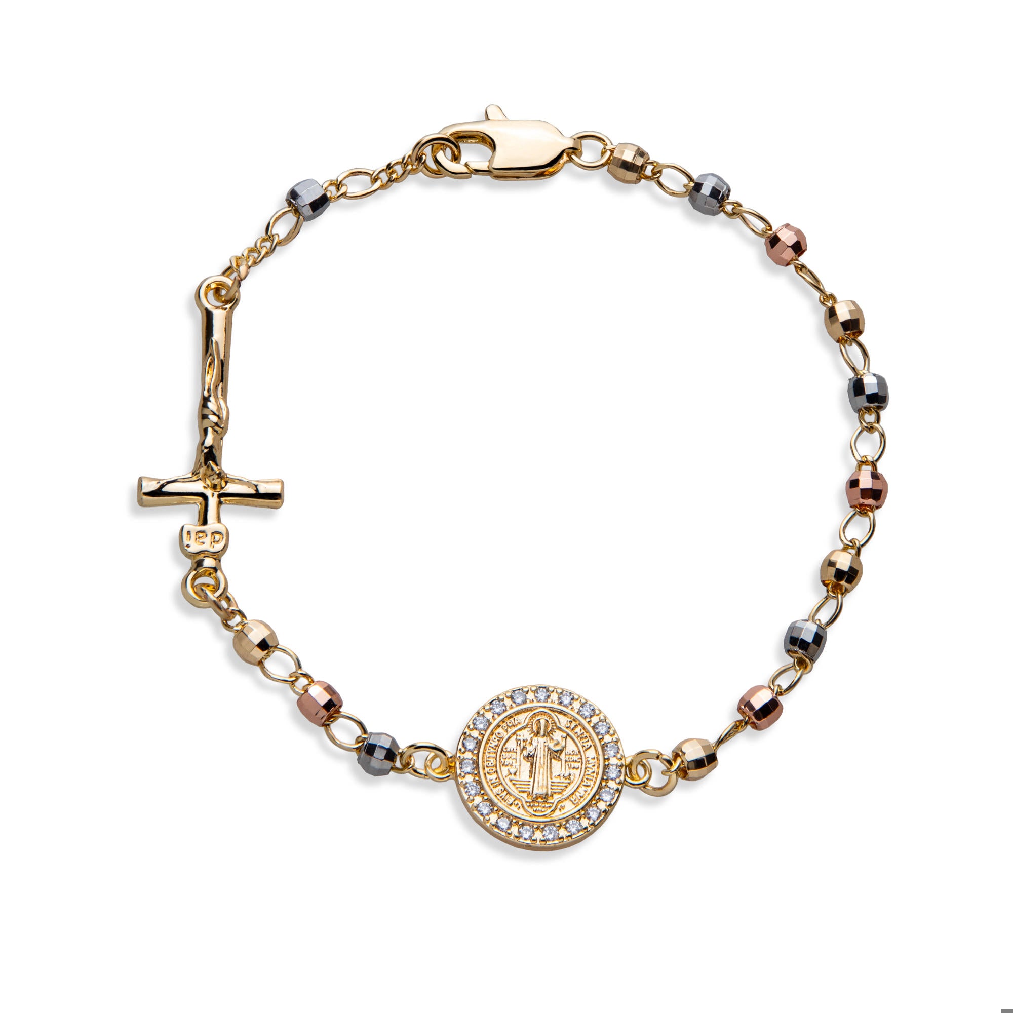 Pulsera balin facetado San Benito circonias Crucifijo 20cm