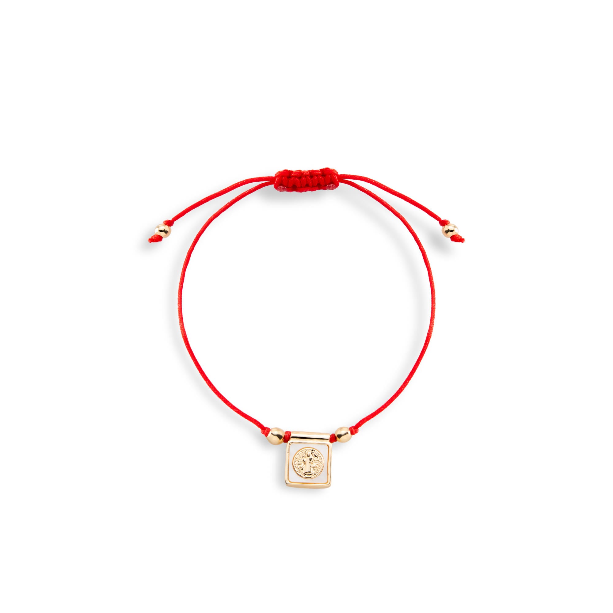 Pulsera de hilo encerado ajustable plaquita San Benito y madre perla 13mm