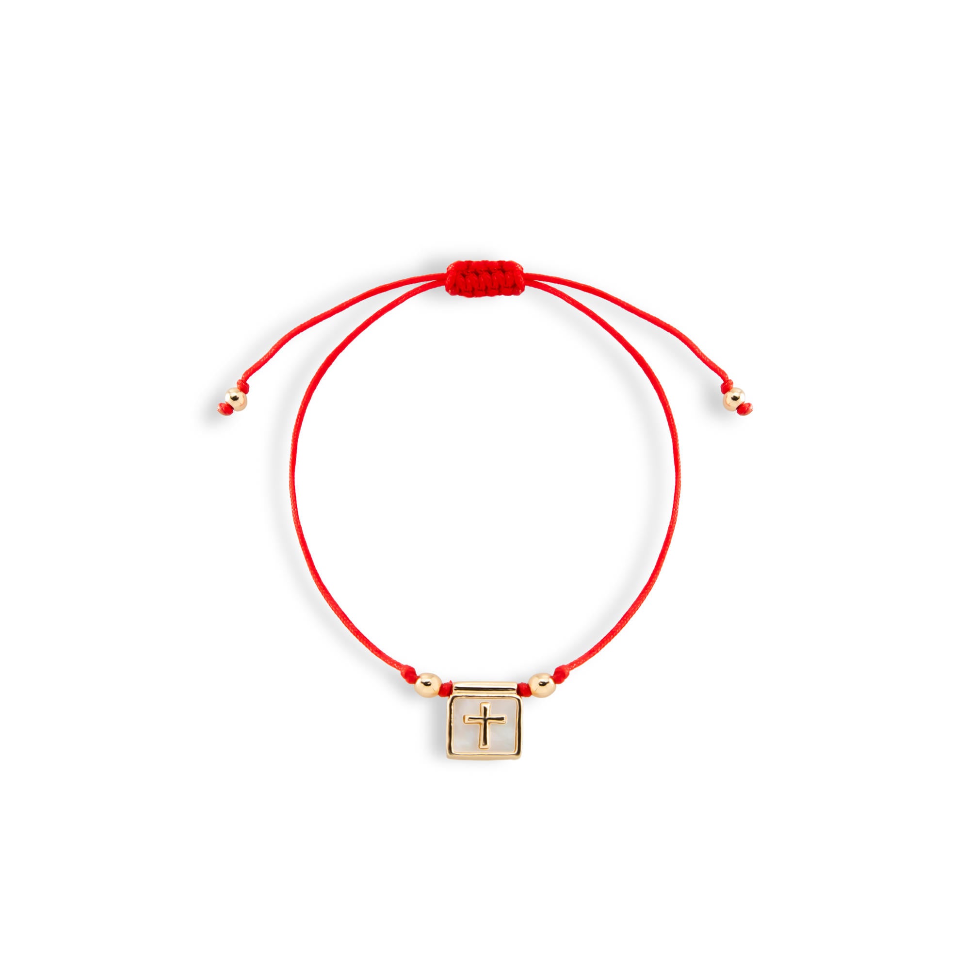 Pulsera de hilo encerado ajustable plaquita con Cruz y madre perla 13mm