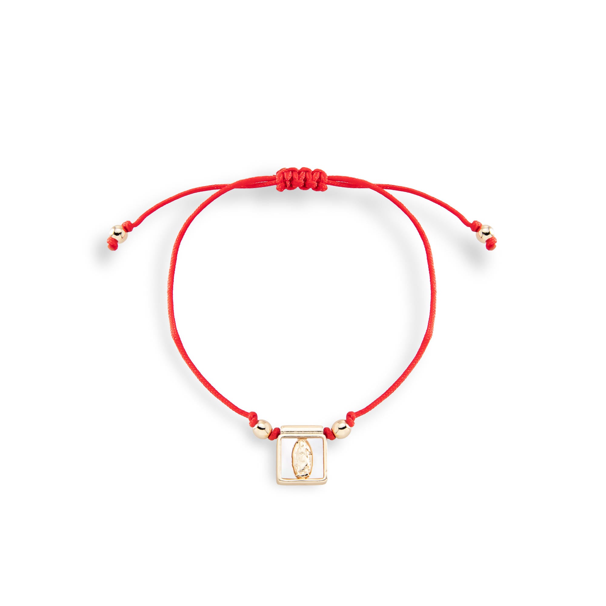 Pulsera de hilo encerado ajustable plaquita Virgen de Guadalupe y madre perla 13mm