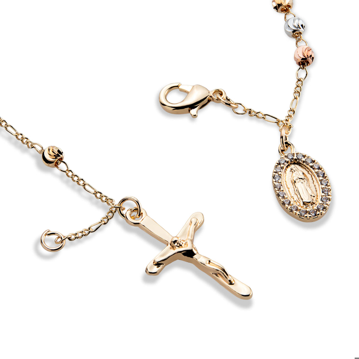 Misterio cuentas facetadas 4mm Medalla con circonias Virgen de Guadalupe 18.5cm