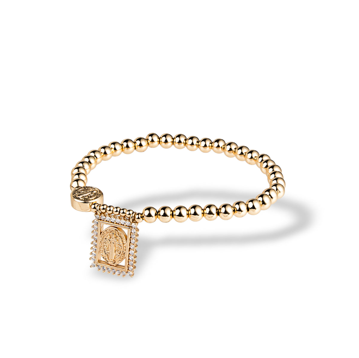 Pulsera de balines elastica ajustable Medalla San Benito con circonias 10-22mm