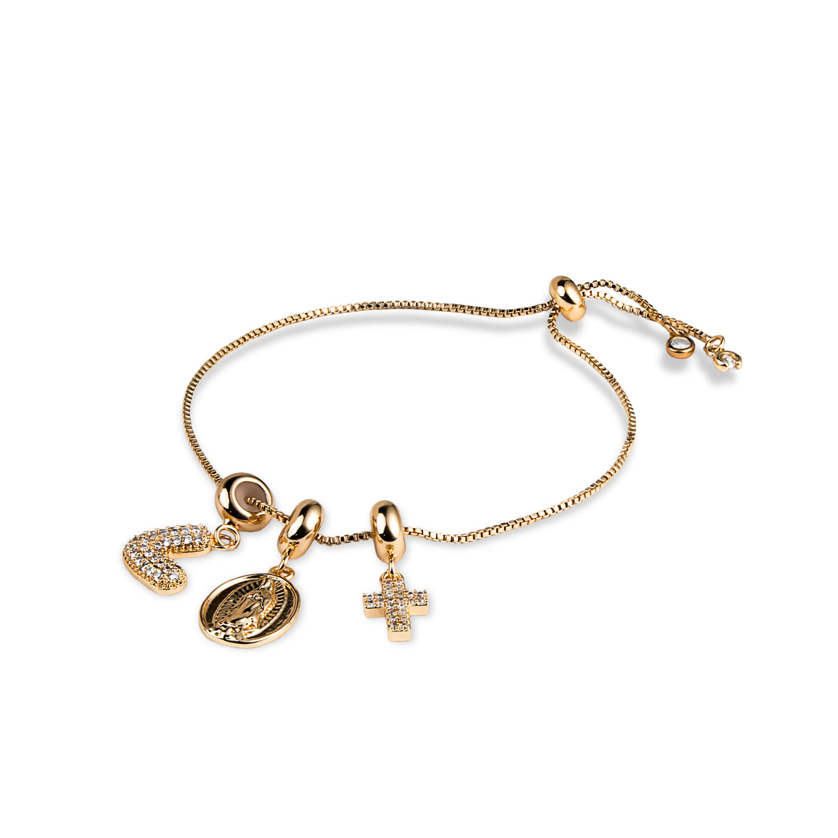 Pulsera ajustable dijes colgantes corazon Virgen y Cruz con circonias 22-26mm