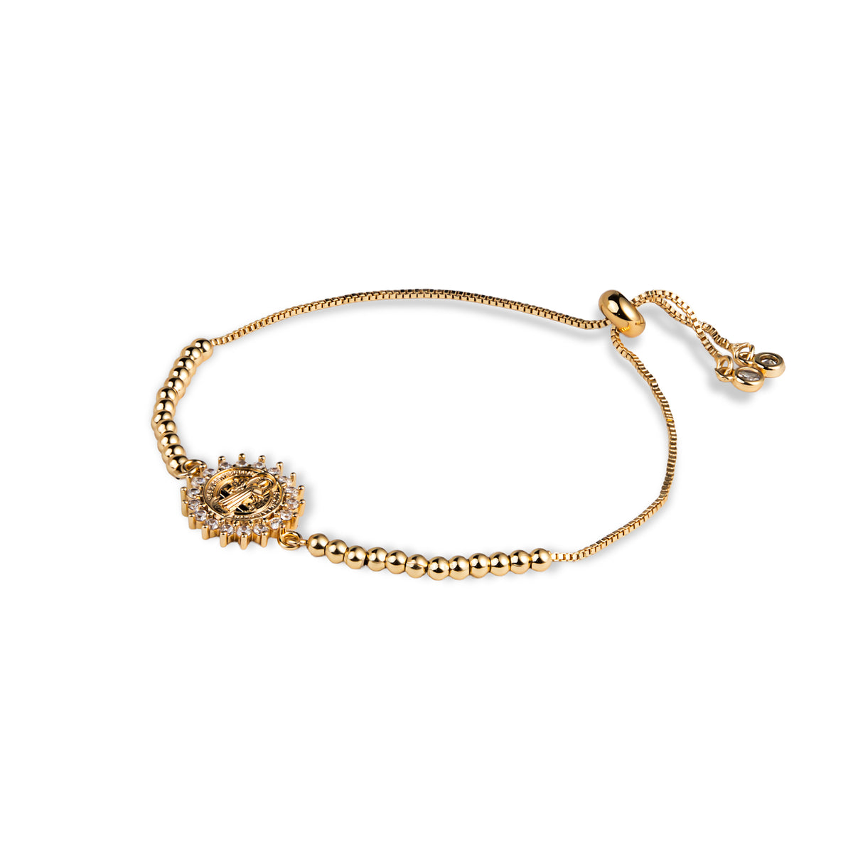 Pulsera ajustable balines lisos con Medalla San Benito y circonias 15mm