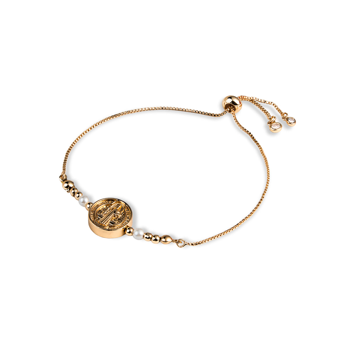 Pulsera ajustable balin perla y Medalla San Benito 15mm