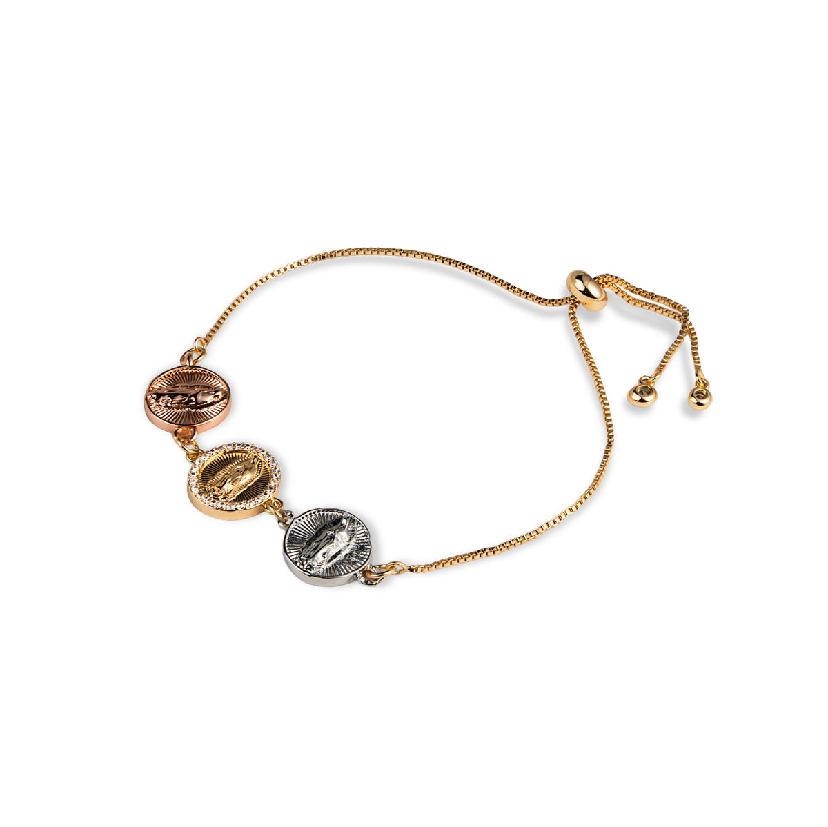 Pulsera ajustable con Medallas de Virgen de Guadalupe con circonias 14mm