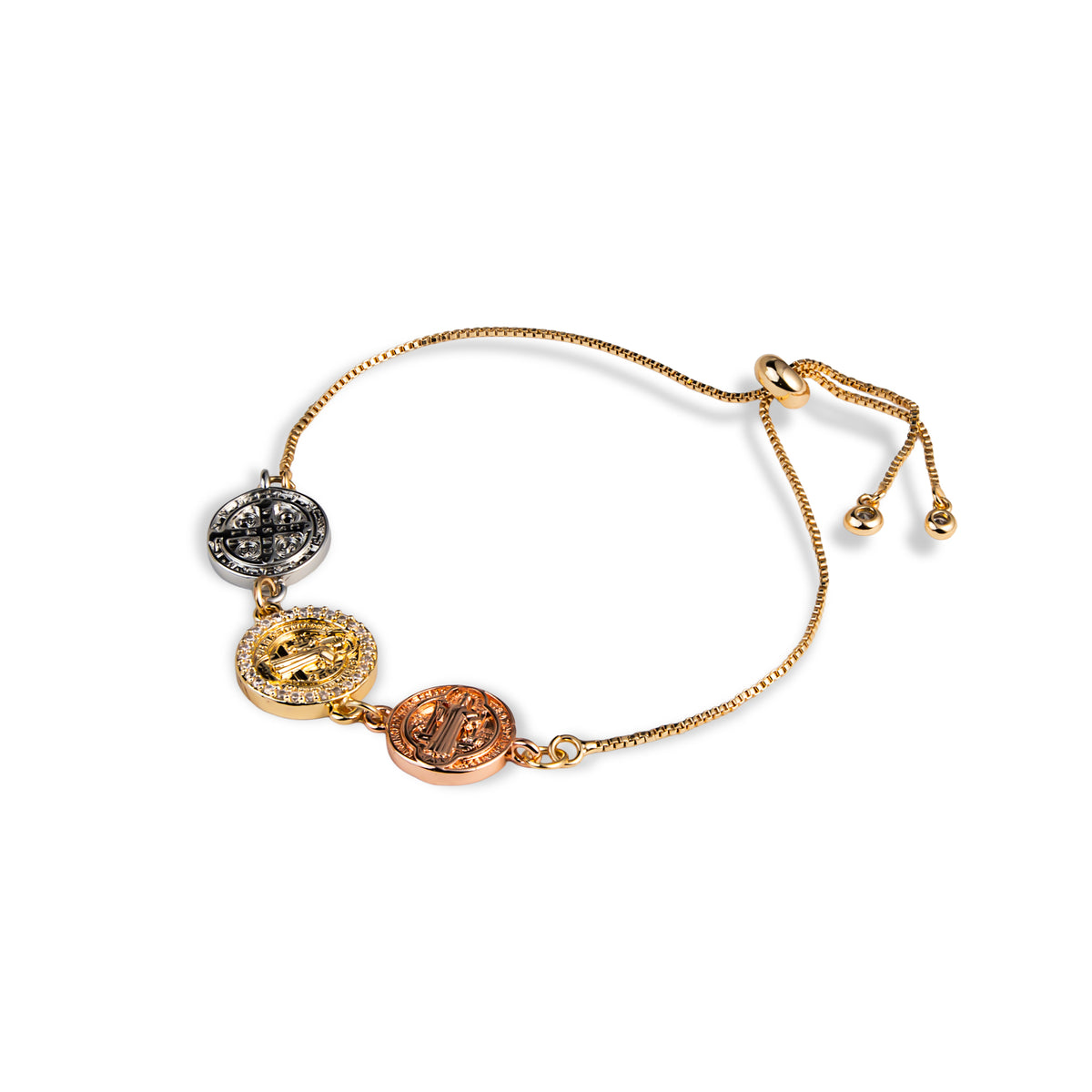 Pulsera ajustable con Medallas de San Benito con circonias 14mm