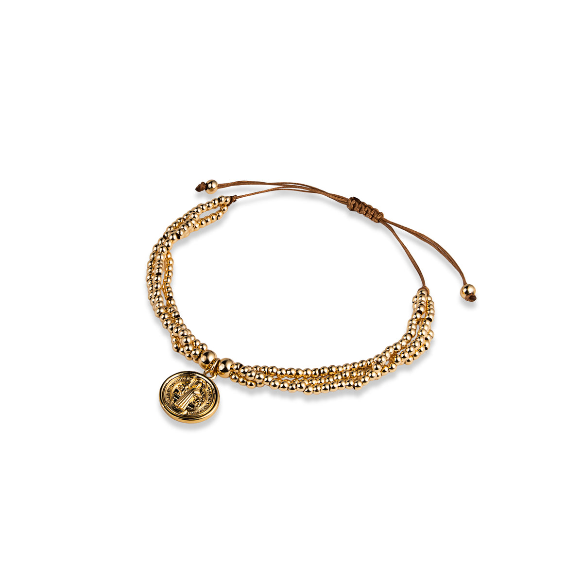 Pulsera triple de balines lisos ajustable de hilo con Medalla San Benito 20mm