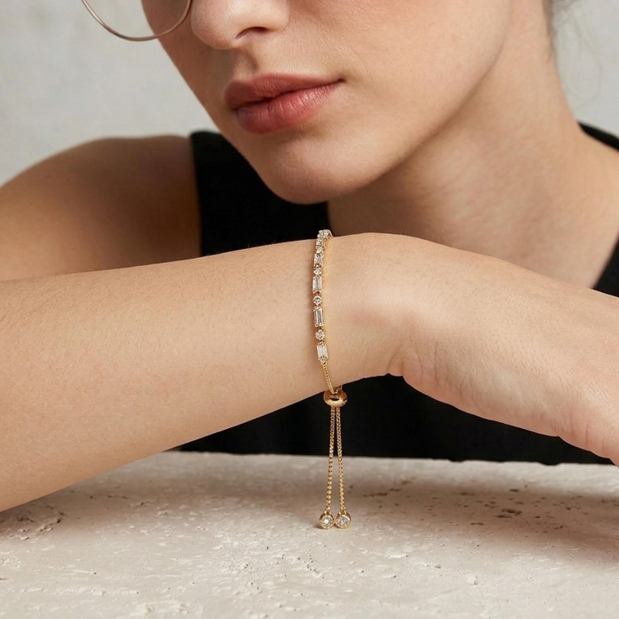 Pulsera de tenis ajustable con circonia  baguete y redonda 3mm