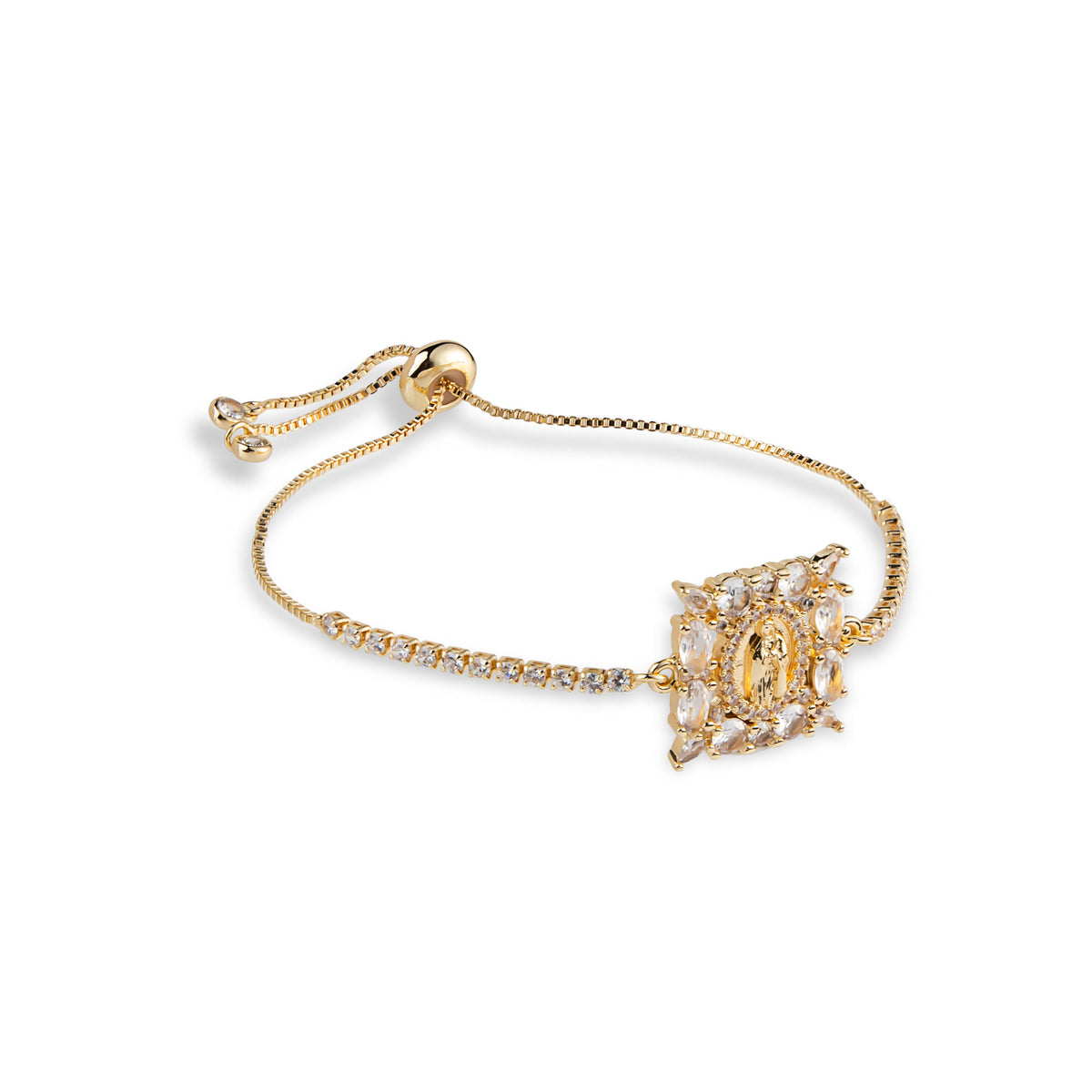 Pulsera de tenis ajustable con circonias y Virgen de Guadalupe 18x18mm