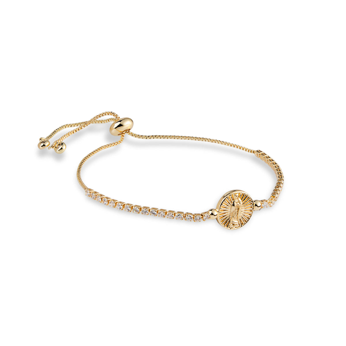 Pulsera de tenis ajustable con circonias y Medalla Virgen de Guadalupe 12mm