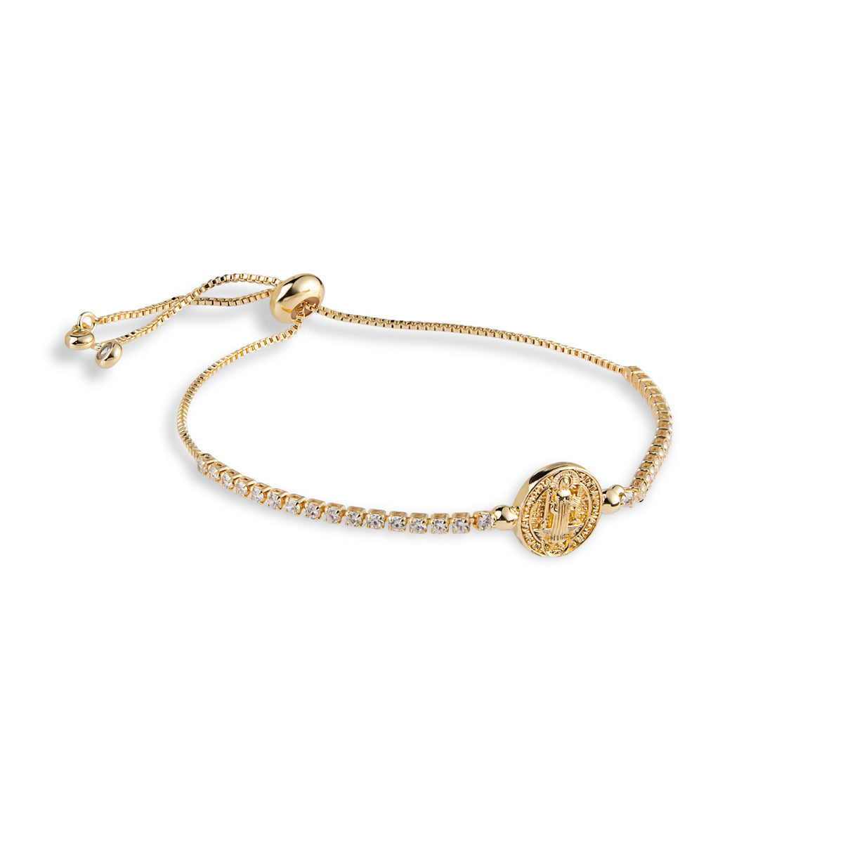 Pulsera de tenis ajustable con circonias y Medalla de San Benito 12mm