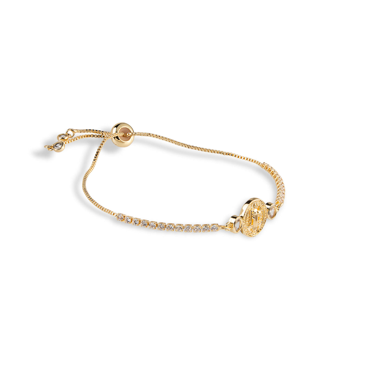 Pulsera de tenis ajustable con circonias y San Benito 12mm