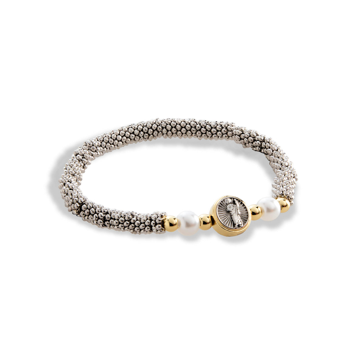Pulsera ajustable elastica de rondeles con perlas y San Judas Tadeo 5mm