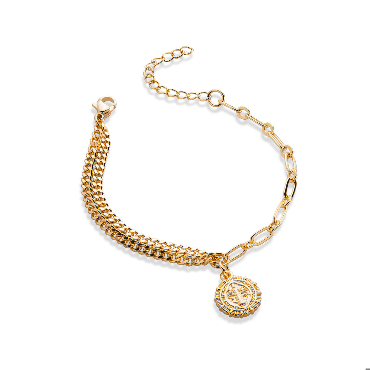 Pulsera doble estilo eslabon 1x1 y barbado Medalla San Benito 16-20cm