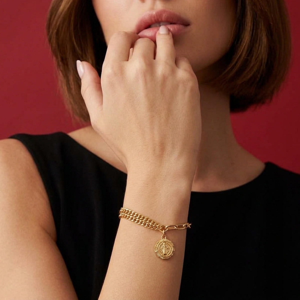 Pulsera doble estilo eslabon 1x1 y barbado Medalla San Benito 16-20cm