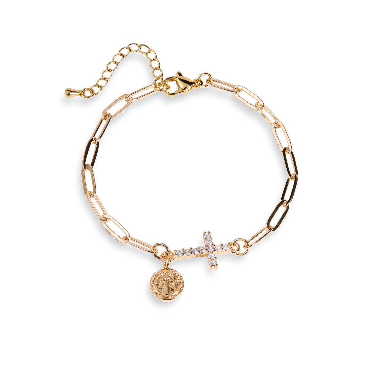 Pulsera con Cruz y Medalla San Benito circonias 19-23cm