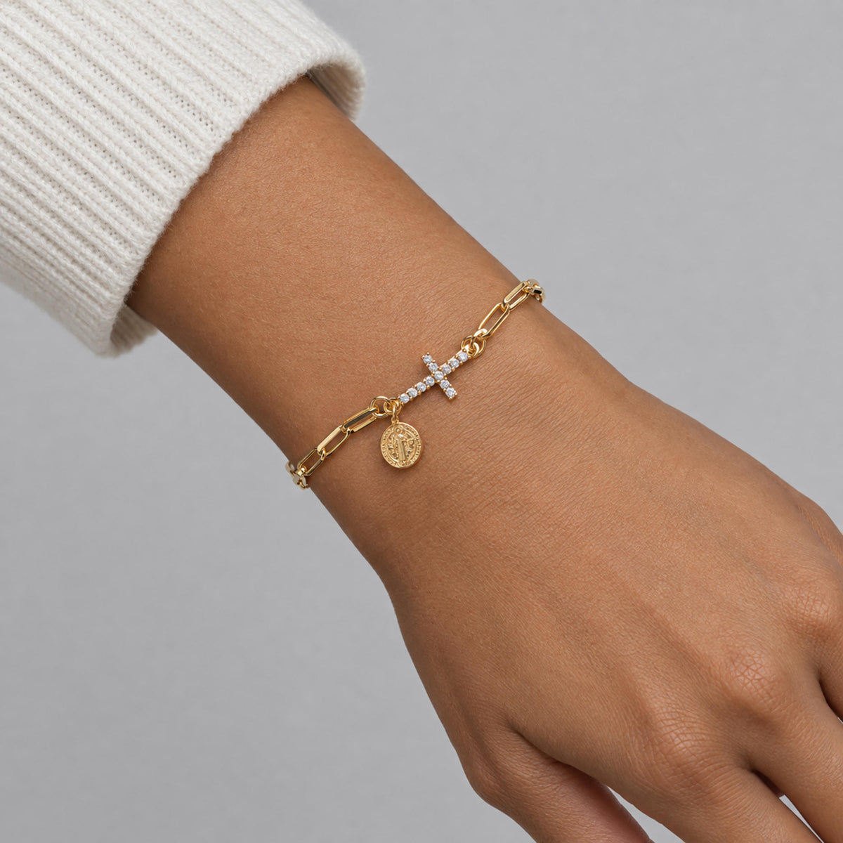 Pulsera con Cruz y Medalla San Benito circonias 19-23cm