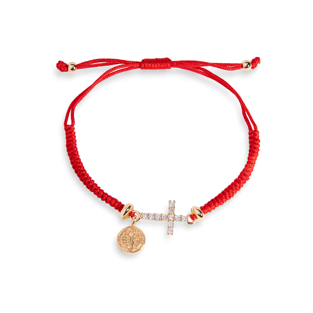 Pulsera de hilo ajustable Cruz y Medalla San Benito circonias 14mm