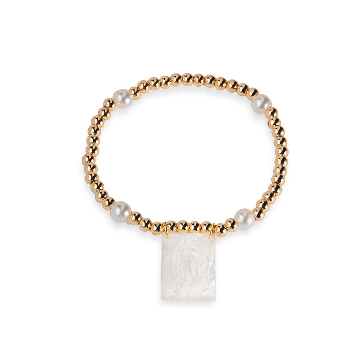 Pulsera elastica ajustable balines dije madre perla grabado Virgen de Guadalupe 25x15mm