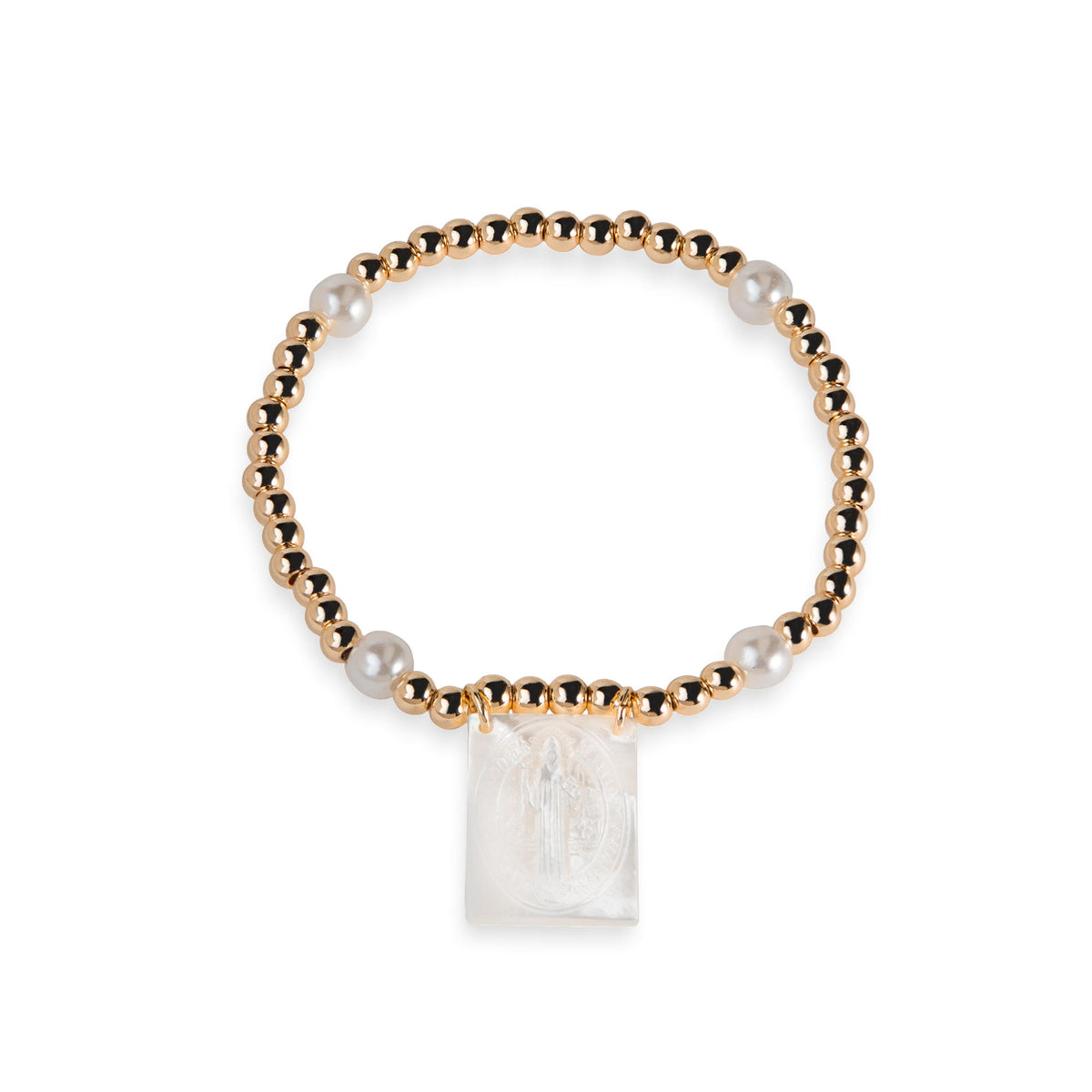 Pulsera elastica ajustable balines dije madre perla grabado San Benito 25x15mm