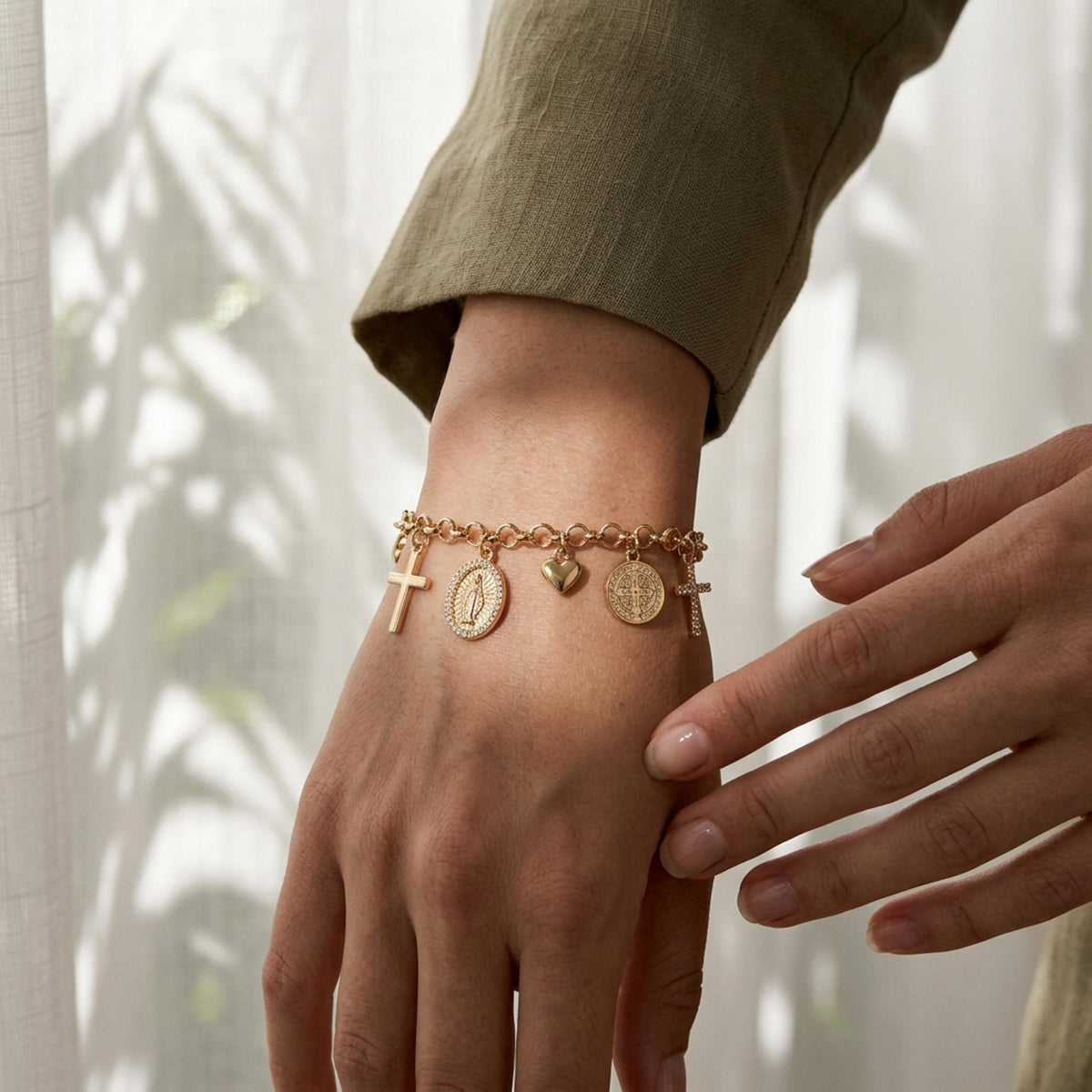 Pulsera dijes colgantes religiosos con circonias 17-22cm