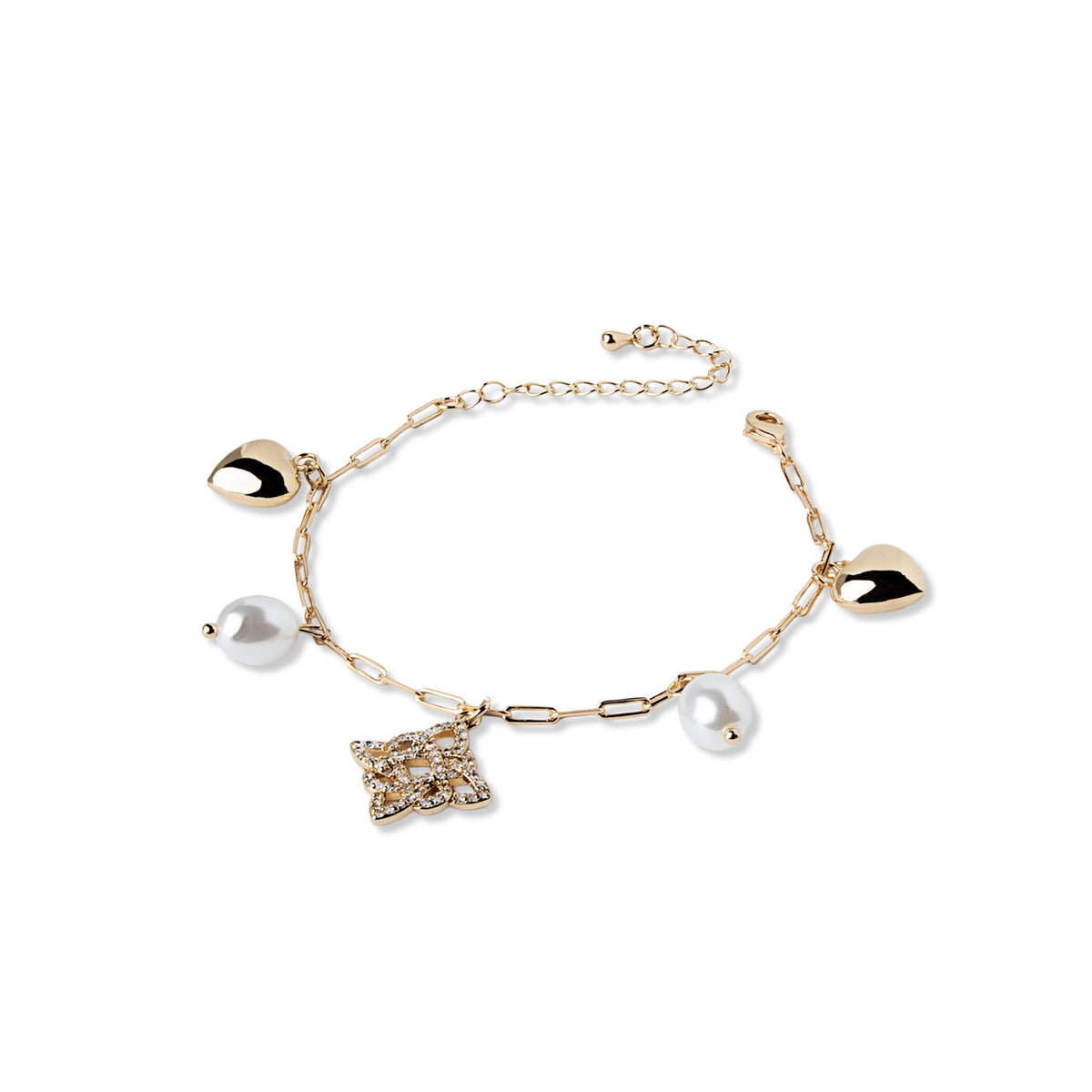 Pulsera dijes colgantes nudo de bruja con circonias perlas y corazones 17-22cm