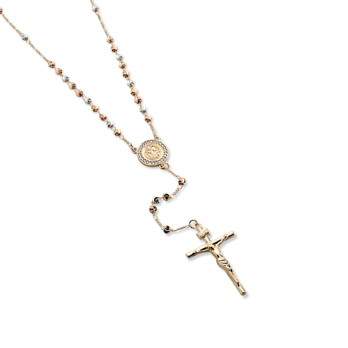 Rosario cuenta facetada 4mm Medalla con circonias San Benito y Cruz 60cm