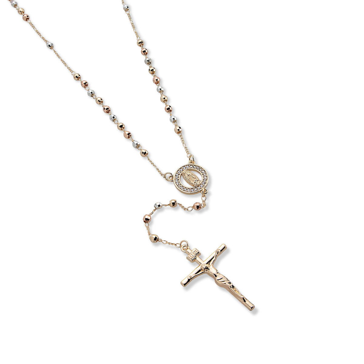 Rosario cuenta facetada 4mm Medalla aro de circonias Virgen de Guadalupe  y Cruz 60cm