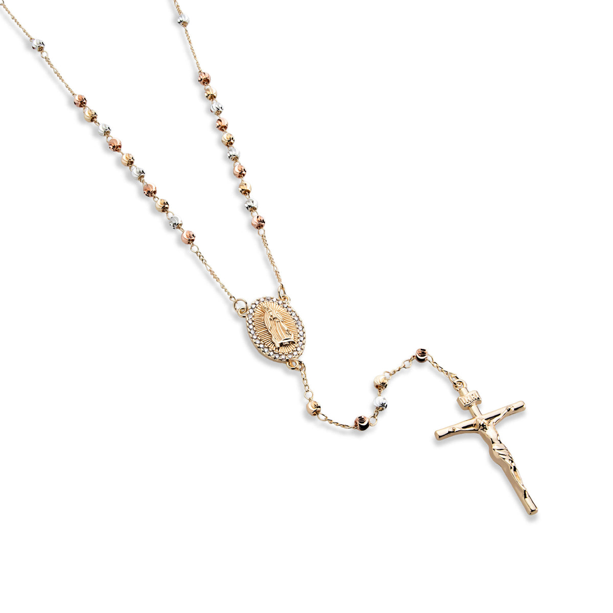 Rosario cuenta facetada 4mm Medalla con circonias Virgen de Guadalupe y Cruz 60cm
