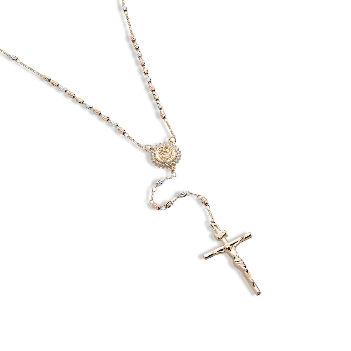 Rosario cuenta barril facetada 4mm Medalla con circonias San Benito y Cruz 60cm