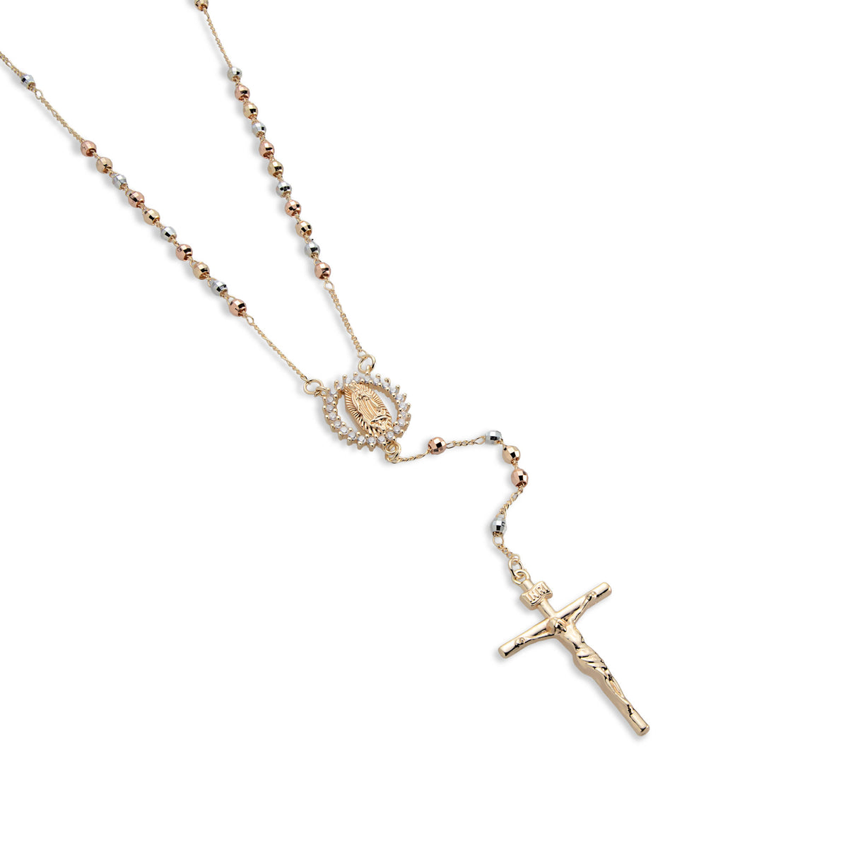 Rosario cuenta facetada 4mm Medalla aro con circonias Virgen de Guadalupe y Cruz 60cm