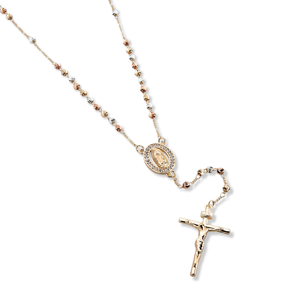 Rosario cuenta facetada 4mm Medalla aro con circonias Virgen de Guadalupe y Cruz 60cm