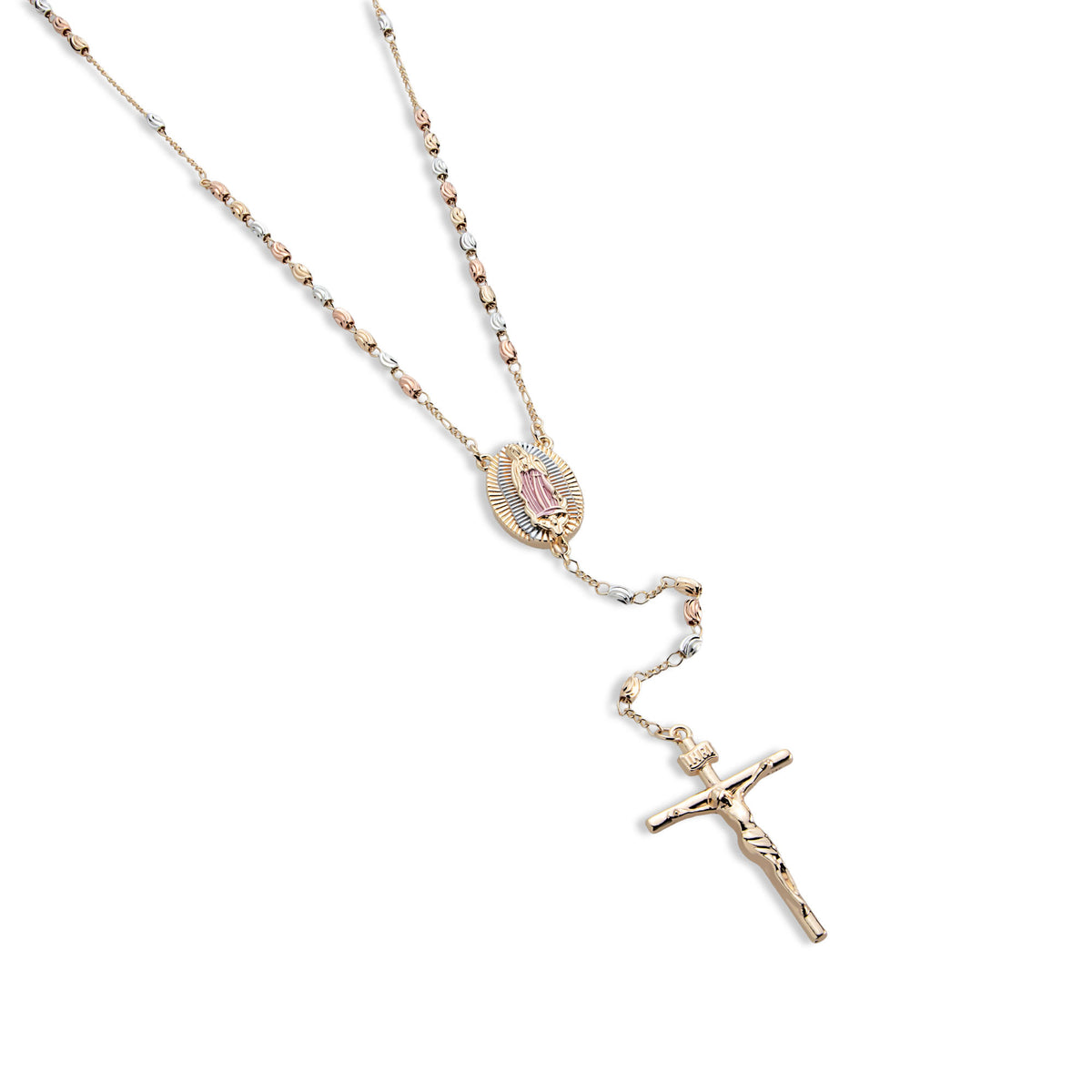 Rosario cuenta barril facetada 4mm  Medalla con Virgen de Guadalupe y Cruz 60cm