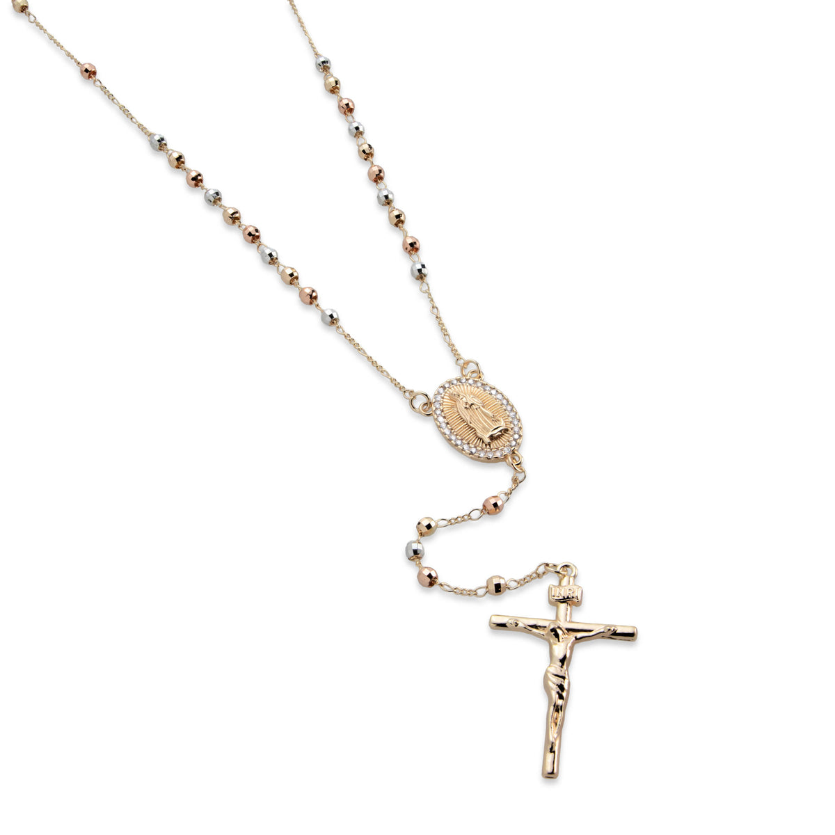 Rosario cuenta barril facetada 4mm Medalla con circonias Virgen de Guadalupe y Cruz 60cm