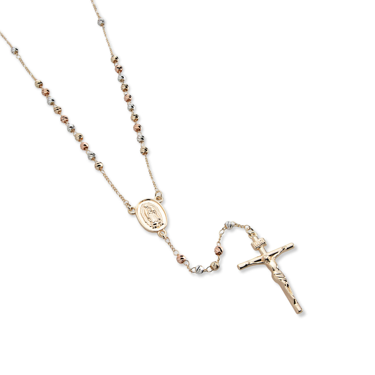 Rosario cuenta facetada 4mm Medalla de Virgen de Guadalupe y Cruz 60cm