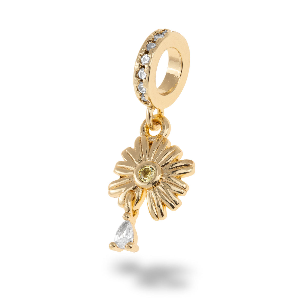 Charm de flor margarita con circonia colgante en gota 15mm