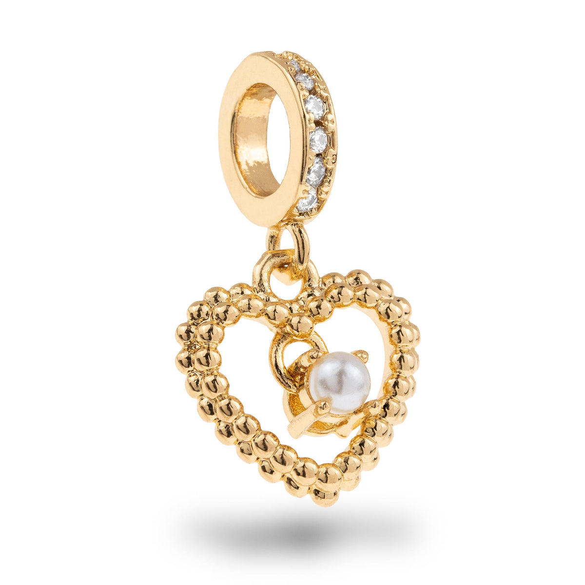 Charm silueta de corazon con bisel boleado circonias y perla 12mm
