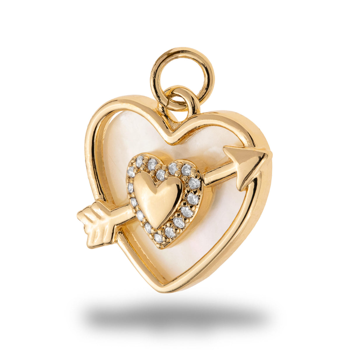 Dije corazon de madre perla con flecha y circonias 16mm