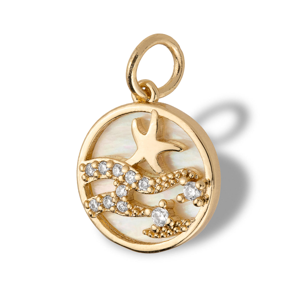 Dije redondo de madre perla con estrella de mar y circonias 13mm