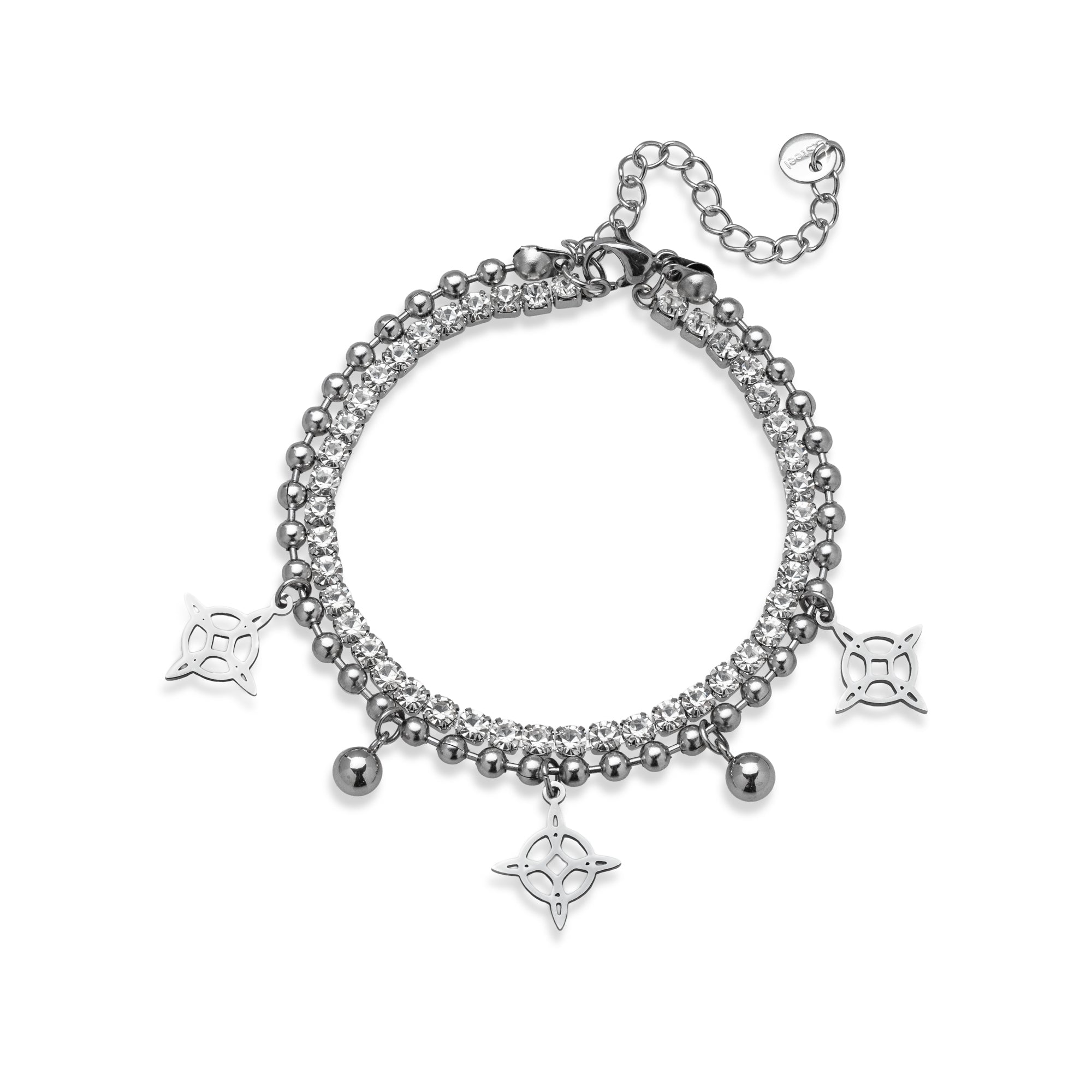 Pulsera doble nudo de bruja con balines y cristales 17-23cm