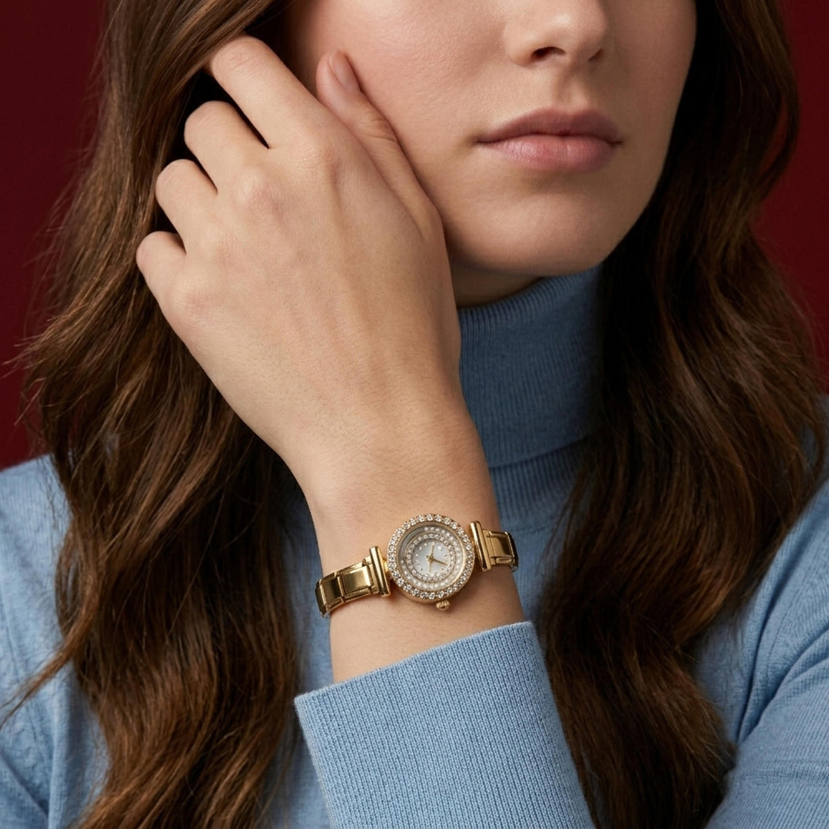 Reloj ajustable eslabon italiano caratula redonda cristales y perlas 24mm