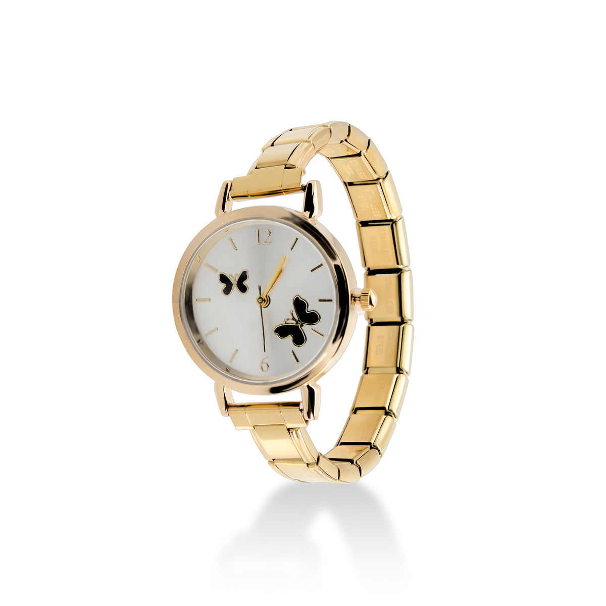 Reloj ajustable eslabon italiano caratula redonda con mariposas esmaltadas 30mm