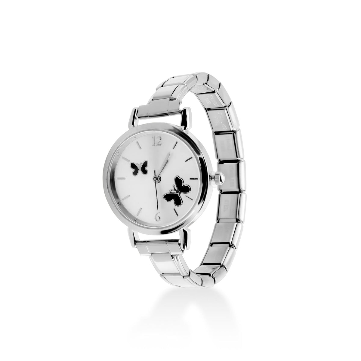 Reloj ajustable eslabon italiano caratula redonda con mariposas esmaltadas 30mm