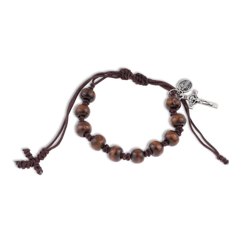 Pulsera de hilo ajustable madera y cruz de san benito 8mm