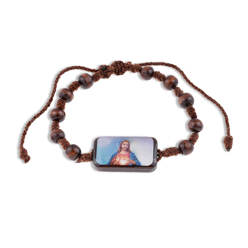 Pulsera de hilo ajustable de madera sagrado corazon de jesus 19mm